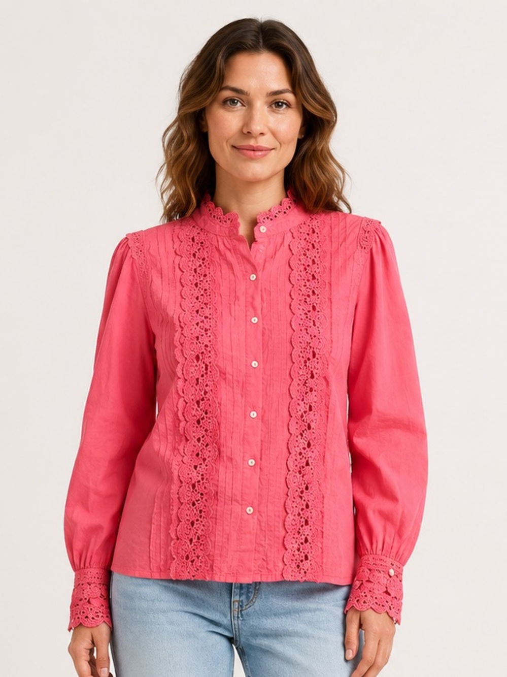 Jennifer & Grace Coral Pink Lace Pintuck Cotton Blouse Size Medium